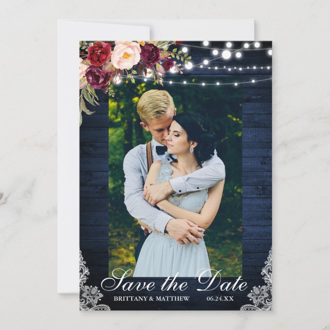 Save The Date Bois bleu rustique Lumières florales dentelle Enre (Devant)