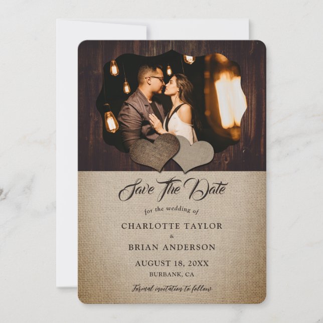Save The Date Bois Burlap Dentelle Pays Maison Mariage Photo (Devant)