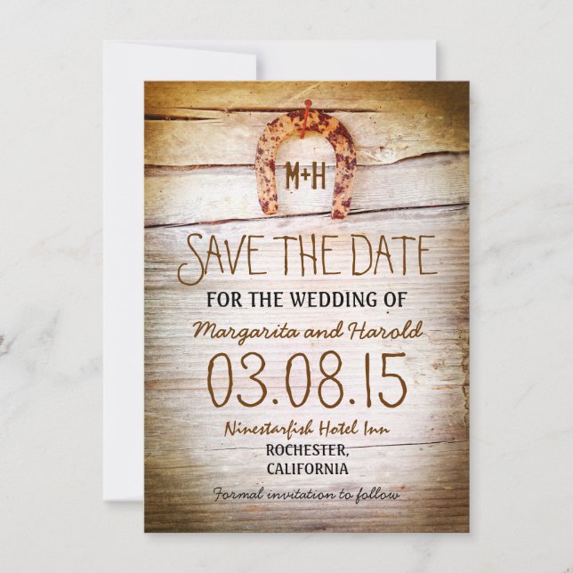 Save The Date bois de fer à cheval rustique enregistrer les cart (Devant)
