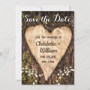 Save The Date Bois écorce Bébé Coeur respiratoire Mariage rustiq