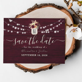 Save The Date Bois rustique Bourgogne Floral Lumières Mariage