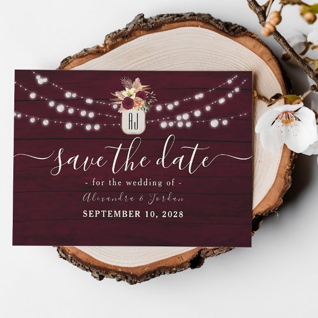 Save The Date Bois rustique Bourgogne Floral Lumières Mariage (Créateur téléchargé)