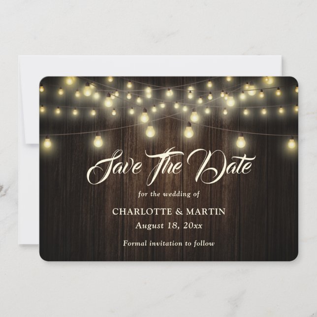 Save The Date Bois rustique Burlap Coeurs Chaîne Lumières Mariag (Devant)