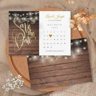 Save The Date Bois rustique Lights Calendrier Gold Heart