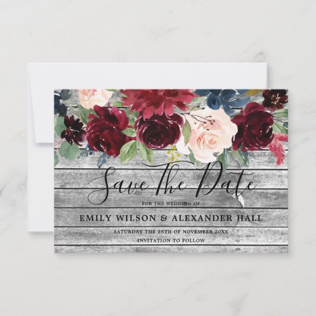 Save The Date Bois rustique Toutes les saisons Mariage floral Bo (Devant)