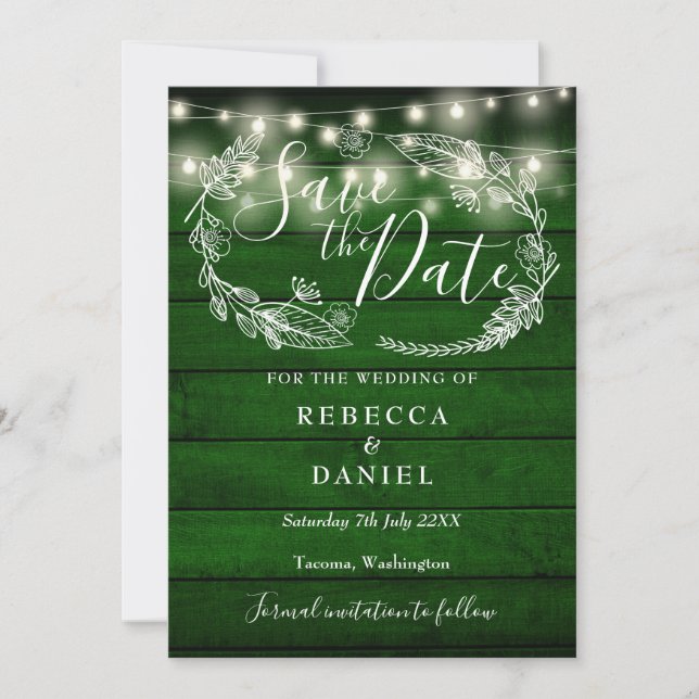 Save The Date Bois vert rustique éclaire le Mariage floral (Devant)