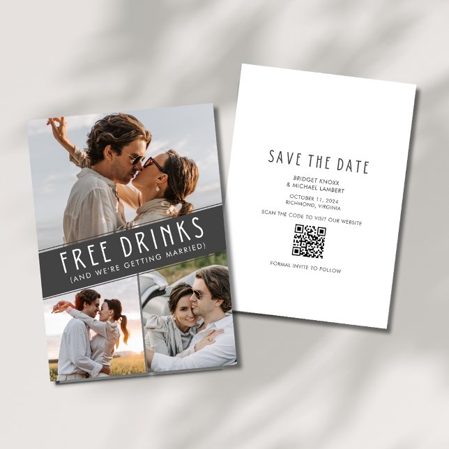 Save The Date Boissons gratuites 3 Photo QR Code Mariage (Free Drinks 3 Photo QR Code Wedding Save The Date)