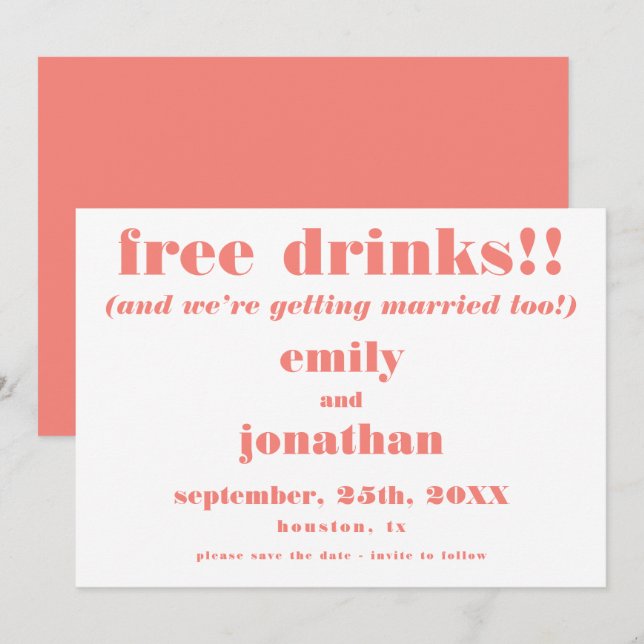 Save The Date Boissons Gratuites Amusants Mariage Corail Enregis (Devant / Derrière)