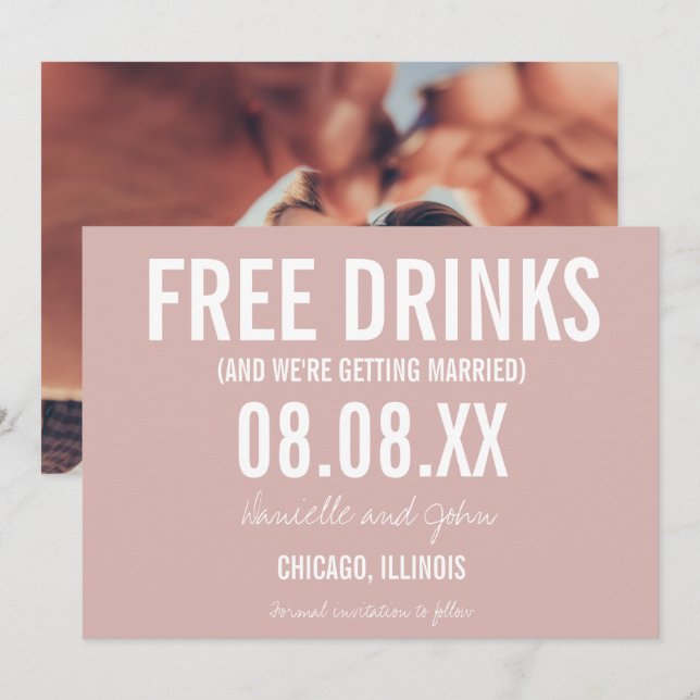 Save The Date Boissons gratuites Blush Pink Photo Wedding Enregi (Devant / Derrière)