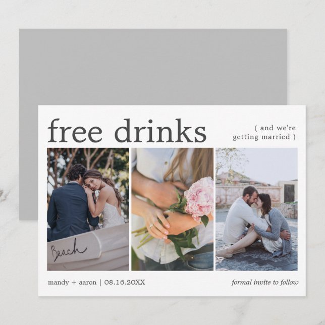 Save The Date Boissons Gratuites Élégantes Trois Photos Mariage (Devant / Derrière)