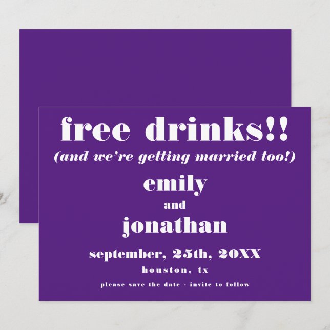 Save The Date Boissons Gratuites Mariage Décontracté Violet Enre (Devant / Derrière)