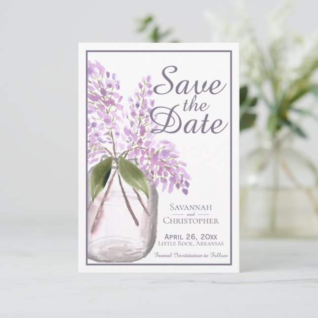 Save The Date Boîtier d'aquarelle pourpre Dusty de Lilacs Mariag (Debout devant)