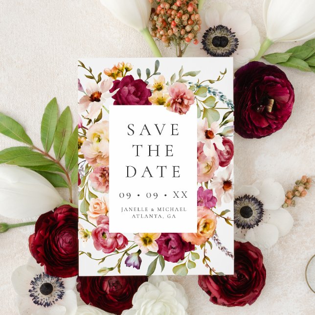 Save The Date Bold Burgundy Floral Photo Mariage (Créateur téléchargé)