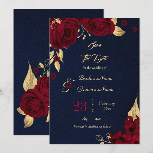 Save The Date bordeaux & or floral bleu marine (Devant / Derrière)