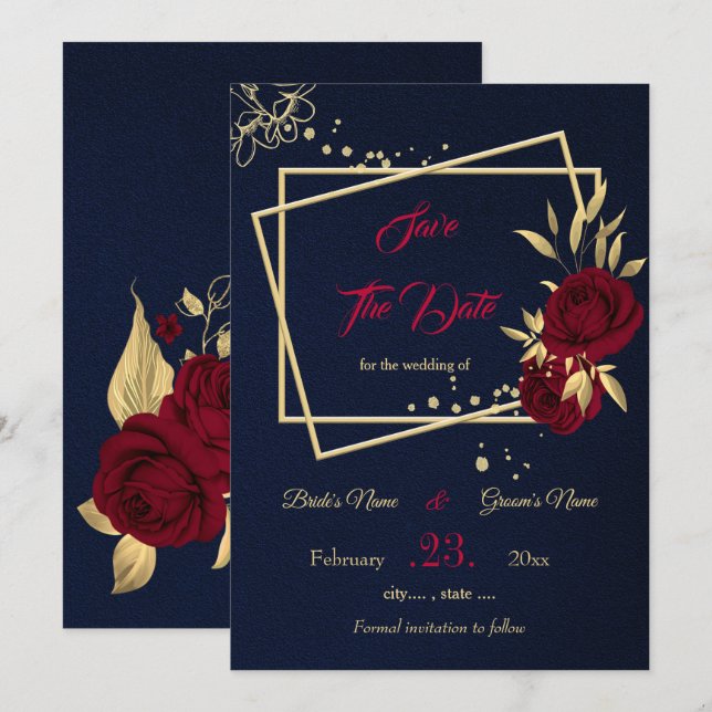 Save The Date bordeaux & or floral bleu marine (Devant / Derrière)