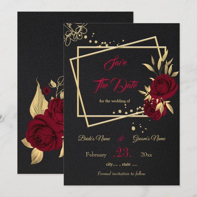 Save The Date bordeaux & or floral noir (Devant / Derrière)