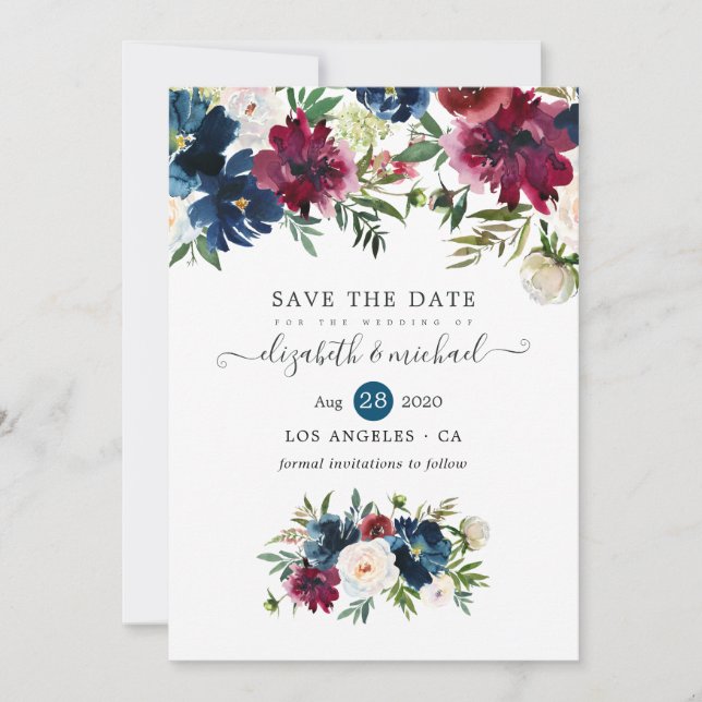 Save The Date Bordo et marine Aquarelle Florale (Devant)