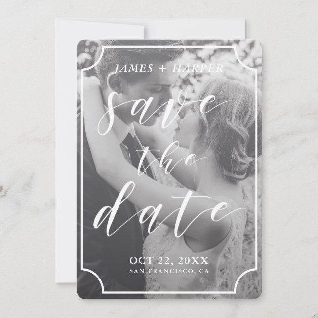 Save The Date Bordure de script moderne | Photo personnalisée En (Devant)