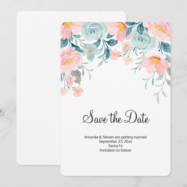 Save The Date Bordure florale rose et vert Élégant Mariage (Devant / Derrière)