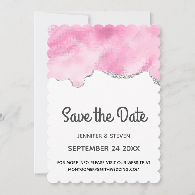 Save The Date Bordure Parties scintillant rose et argent Mariage (Devant)