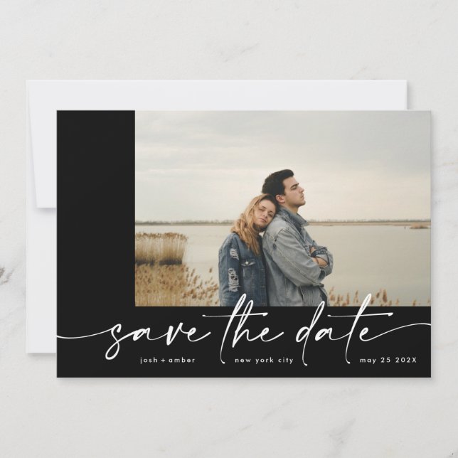 Save The Date Borné | Moderne Simple Black Photo Ice Blanc (Devant)