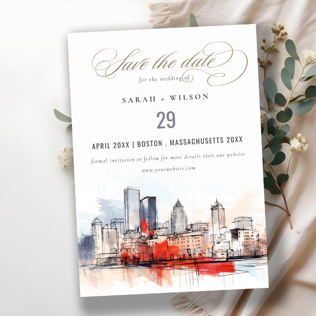 Save The Date Boston Massachusetts City Scape Mariage d'aquarell (Créateur téléchargé)