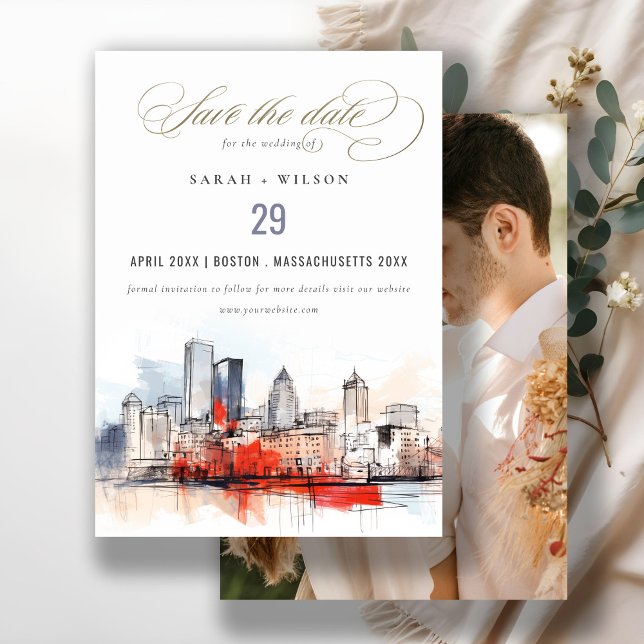 Save The Date Boston Massachusetts City Scape Mariage photo (Créateur téléchargé)