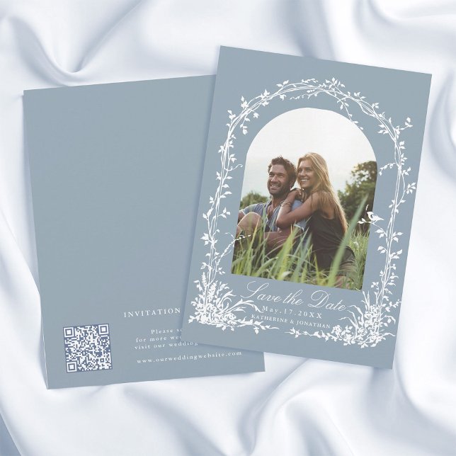 Save The Date Botanical Arch Garden Dusty Blue Wedding Photo (Front & Back)