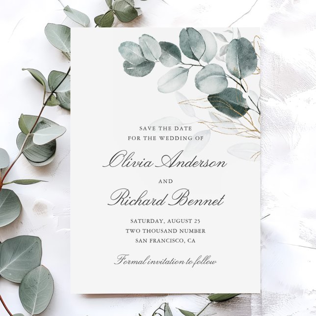 Save The Date Botanical Gold Greenery Eucalyptus Wedding (Créateur téléchargé)