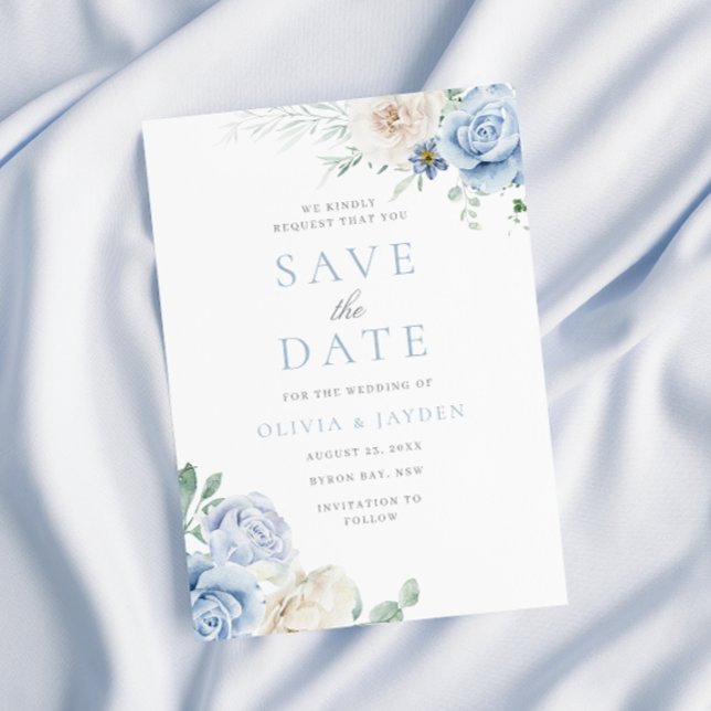 Save The Date Botanique Blanc & Bleu Floral Mariage (Créateur téléchargé)