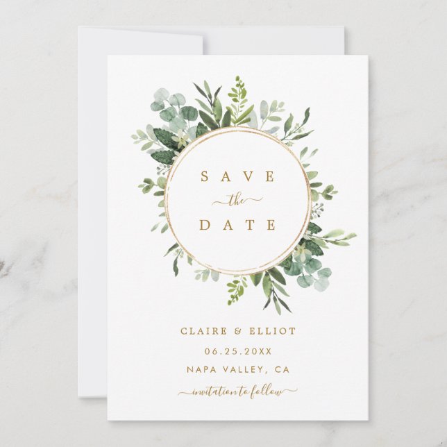 Save The Date Botanique Gold Greenery Wedding Enregistrer la car (Devant)