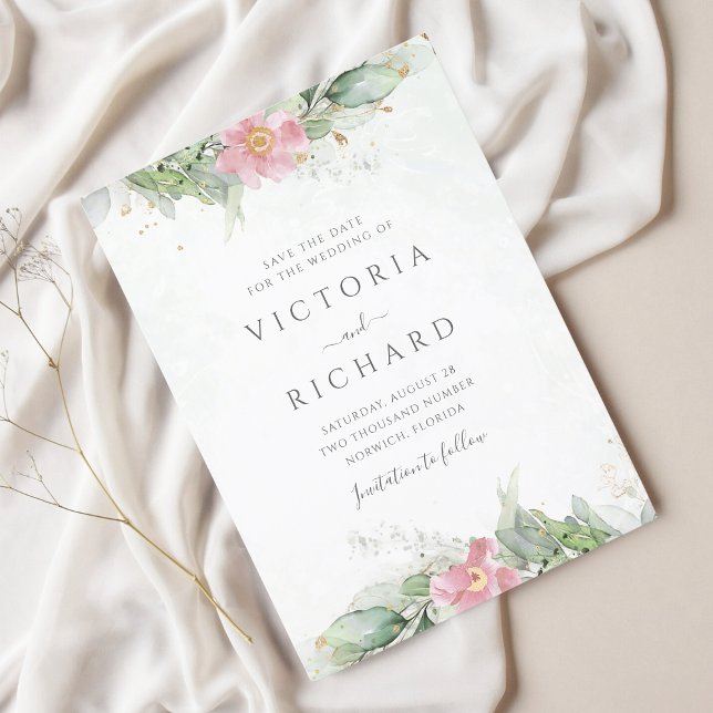 Save The Date Botanique Or vert Mariage rose Floral (Créateur téléchargé)