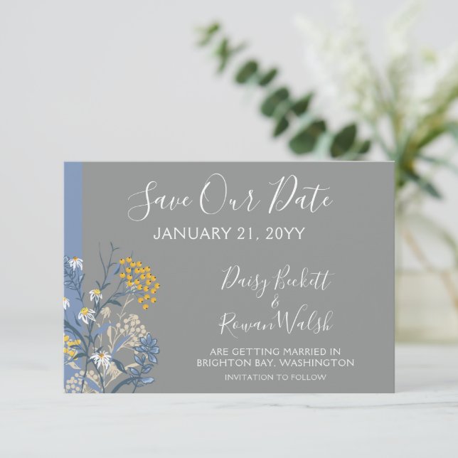 Save the Date Botanische Daisy Floral Navy Card Einladung (Stehend Vorderseite)