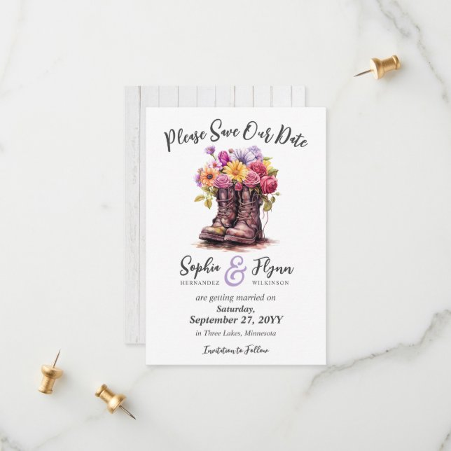 Save The Date Bottes Florales de ferme Mariage campagnard rustiq (Devant/Arrière en situation)
