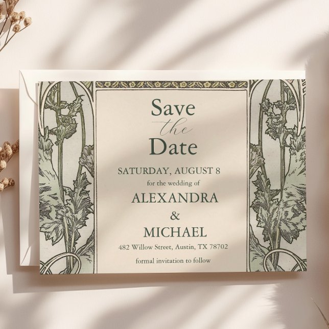 Save The Date Bougainvillea Vert Art Nouveau Mucha Mariage (Créateur téléchargé)
