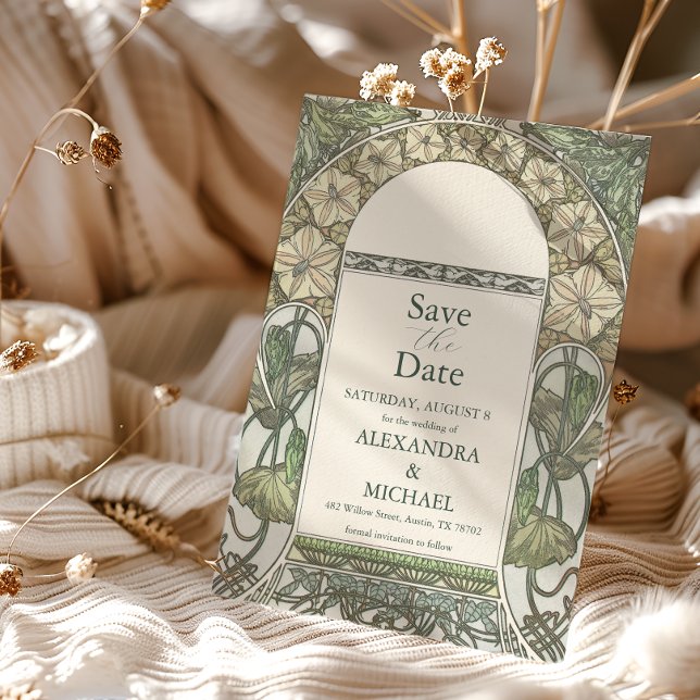Save The Date Bougainvillea Vert Art Nouveau Mucha Mariage (Créateur téléchargé)