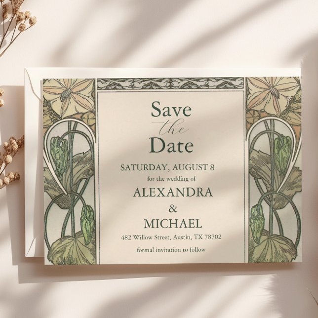 Save The Date Bougainvillea Vert Art Nouveau Mucha Mariage (Créateur téléchargé)