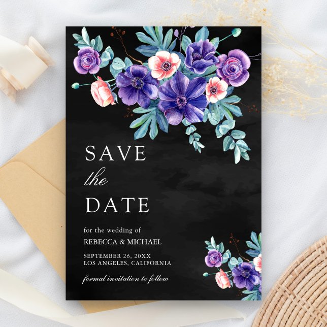 Save The Date Bouquet d'anémones violettes rustiques Mariage noi (Créateur téléchargé)