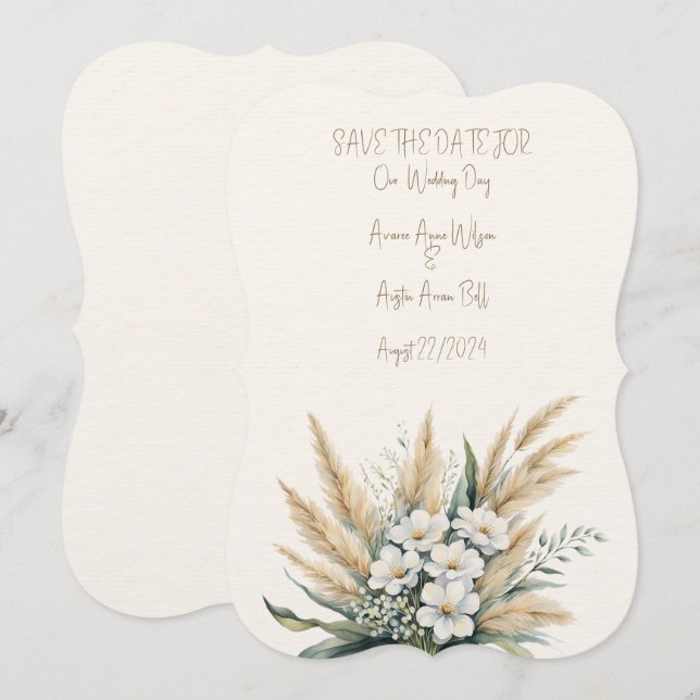 Save The Date Bouquet de Mariage de laiton blanc et de Pampas (Devant / Derrière)