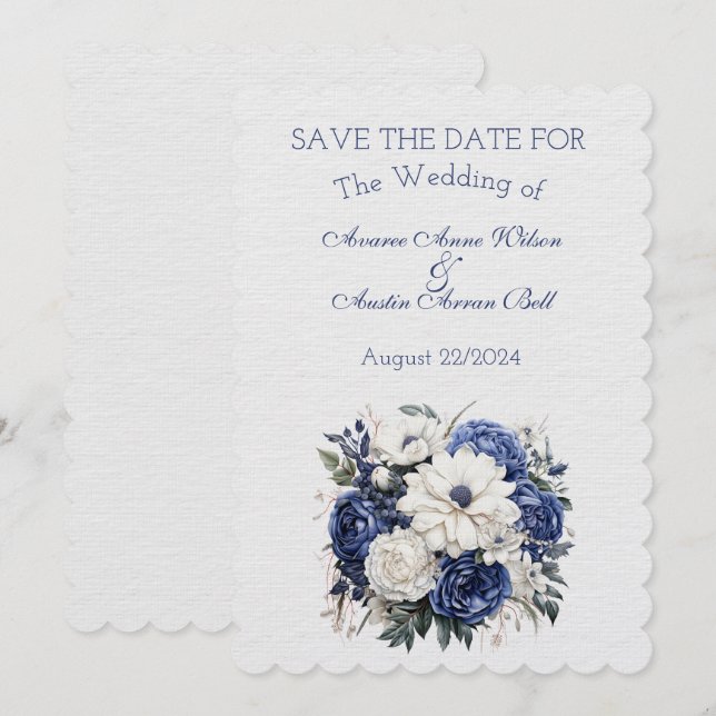 Save The Date Bouquet de Mariage floral bleu et blanc (Devant / Derrière)
