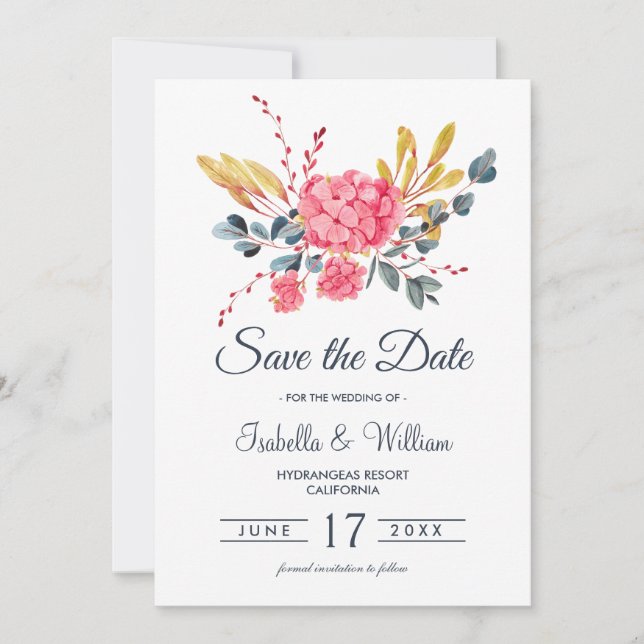 Save The Date Bouquet Floral rose Hydrangeas Enregistrer la date (Devant)