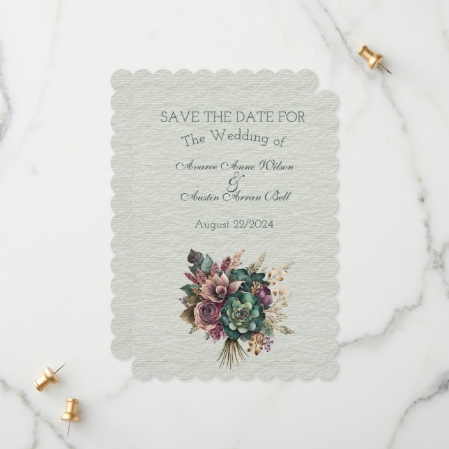 Save The Date Bouquet Mariage vert et bourguignon (Devant/Arrière en situation)
