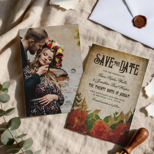 Save The Date Bouquets de roses rouges mariage vintage (Créateur téléchargé)