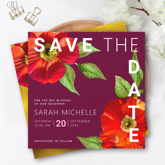 Save The Date Bourgogne Bat mitzvah Rouge Floral Aquarelle moder (Créateur téléchargé)