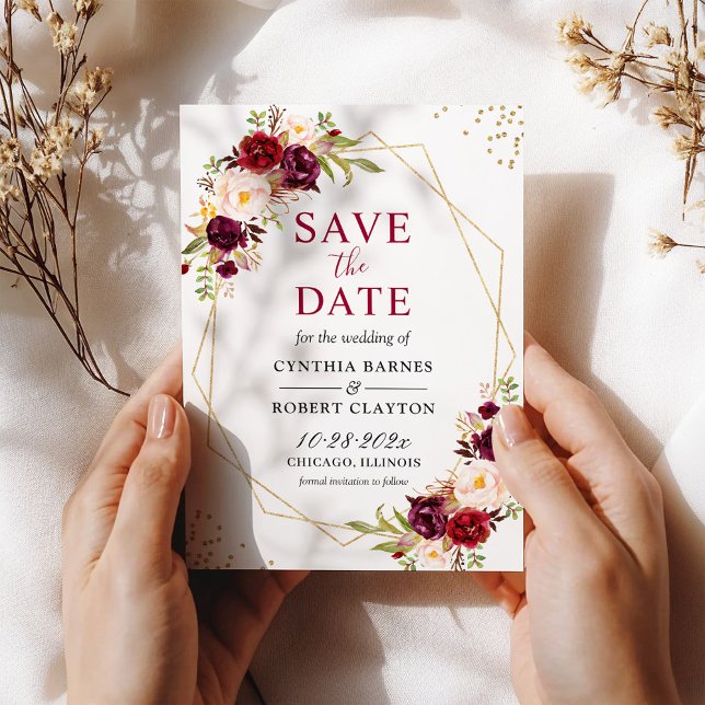 Save The Date Bourgogne Blush Boho Floral tendance Or géométriqu (Créateur téléchargé)