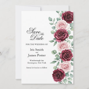 Save The Date Bourgogne Boho floral et Rose Rose Blush Enregistr