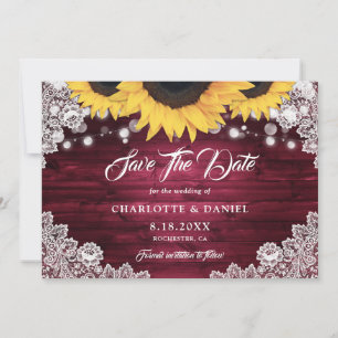 Save The Date Bourgogne Bois Rustique Floral Dentelle Tournesol