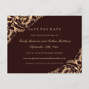 Save The Date Bourgogne doré Fleurs Mariage Vintage Sauvegarder