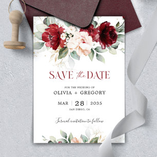 Save The Date Bourgogne et floral rose blush