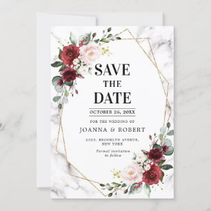 Save The Date Bourgogne Fleurs Marbre Géométrique Mariage